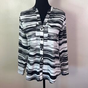 Calvin Klein Womens Striped Button Up Roll-Tab Long Sleeve V-Neck, Size XS